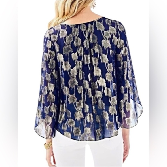 LILLY PULITZER Sheer BECCER Silk Navy blouse with Gold palm tree design size M - Picture 16 of 16